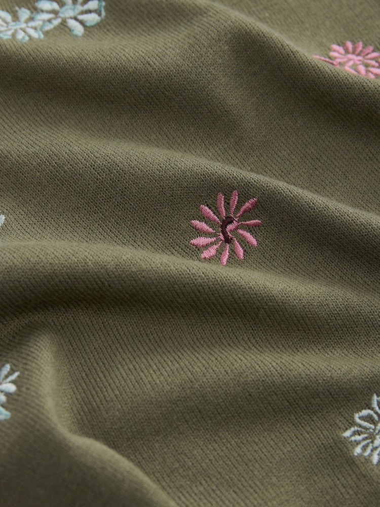 Khaki Green Floral Embroidery Printed Crew Neck Short Sleeve Knitted Top - Image 5 of 5