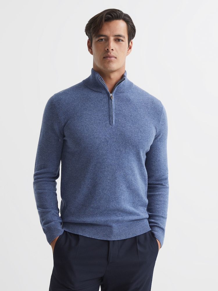 Reiss Fresco Blue Royal Cashmere Slim Fit Half Zip Jumper - Image 1 of 7