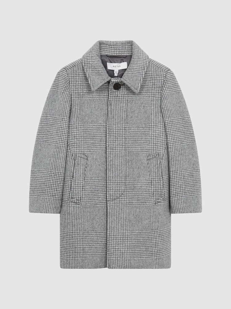 Reiss Grey Bark Senior Wool Blend Prince of Wales Check Overcoat - Image 2 of 5