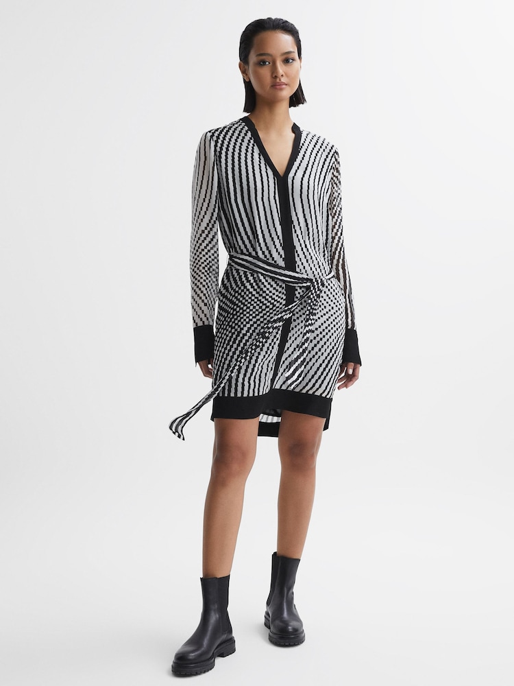 Reiss Black/White Tia Check Belted Mini Dress - Image 1 of 5