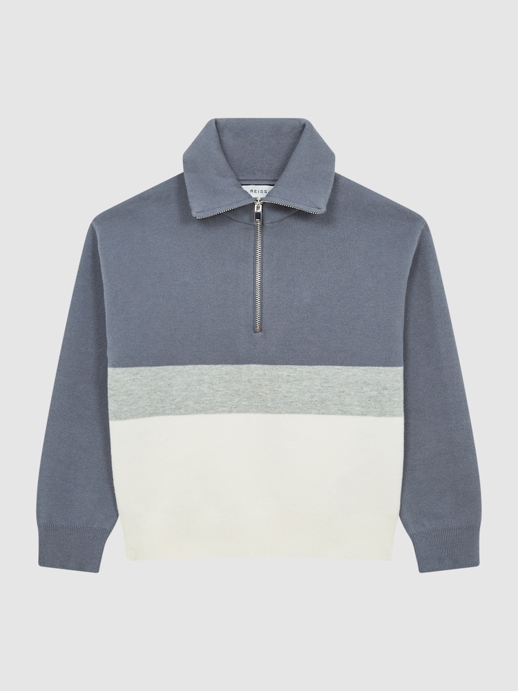 Reiss Airforce Blue Sabre Senior Half Zip Funnel Neck Colourblock Jumper - Image 2 of 5