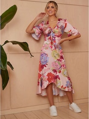 Chi Chi London Pink Tie Front Floral Print Midi Dress - Image 1 of 4