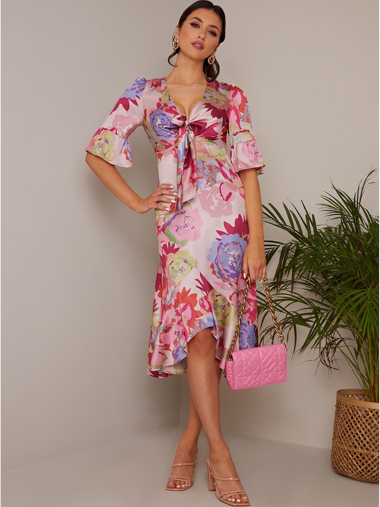 Chi Chi London Pink Tie Front Floral Print Midi Dress - Image 3 of 4