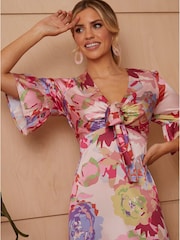 Chi Chi London Pink Tie Front Floral Print Midi Dress - Image 4 of 4