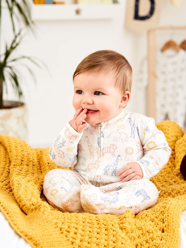 JoJo Maman Bébé Cream Safari Print Zip Cotton Baby Sleepsuit - Image 1 of 4