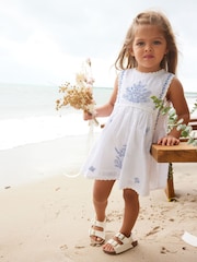 Blue/White Embroidered Cotton Dress (3mths-8yrs) - Image 1 of 6