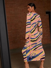 Chi Chi London Pink/Blue Abstract Stripe Ruched Side Knitted Midi Dress - Image 2 of 4