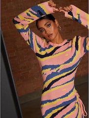 Chi Chi London Pink/Blue Abstract Stripe Ruched Side Knitted Midi Dress - Image 4 of 4
