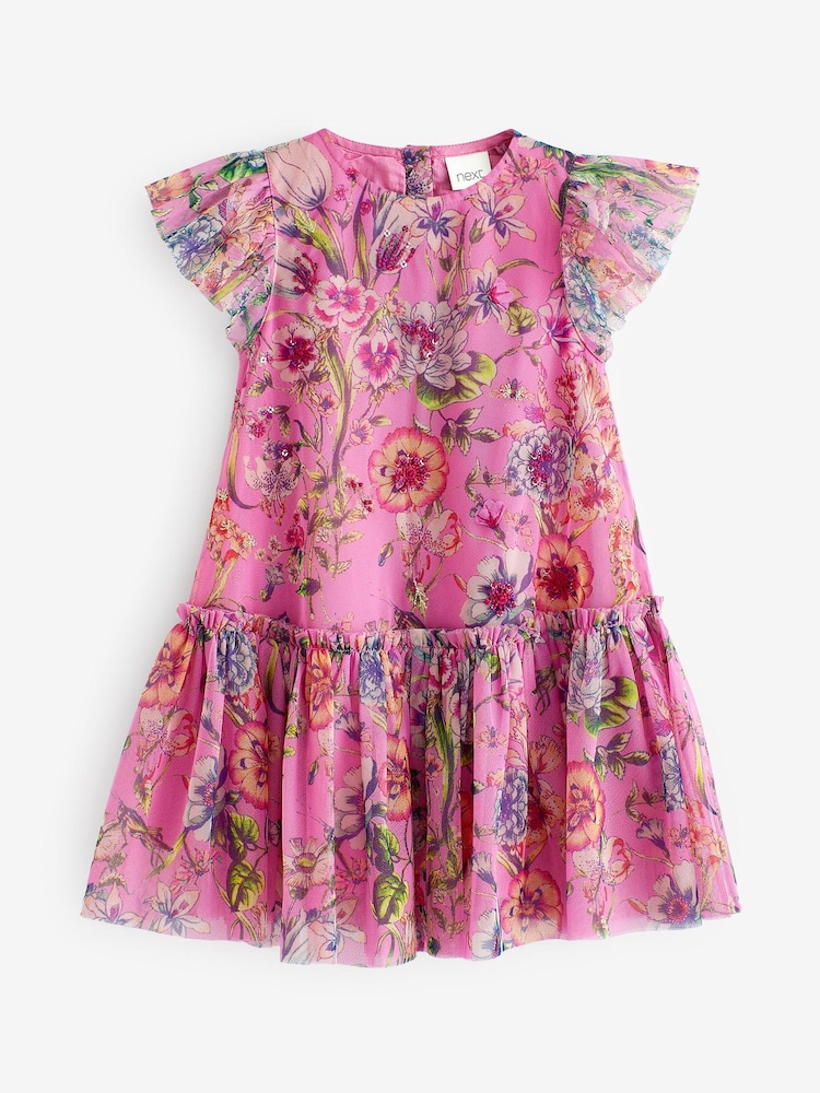 Bright Pink Sequin Embellished Mesh Party Dress (3mths-7yrs) - Image 1 of 2