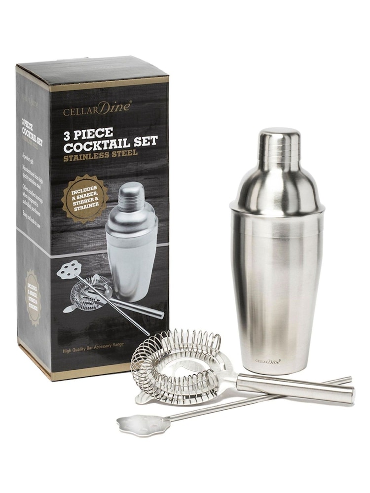 Cellardine Silver Cocktail Set 3 piece, 330 ml Shaker, Stirer and Strainer Set - Image 2 of 2