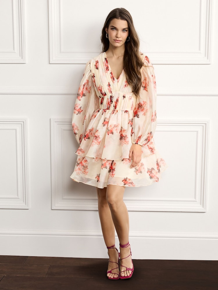 Creme - Langärmeliges, gestuftes Minikleid mit Blumenprint - Bild 1 von 5 Creme - Langärmeliges, gestuftes Minikleid mit Blumenprint - Bild 1 von 5