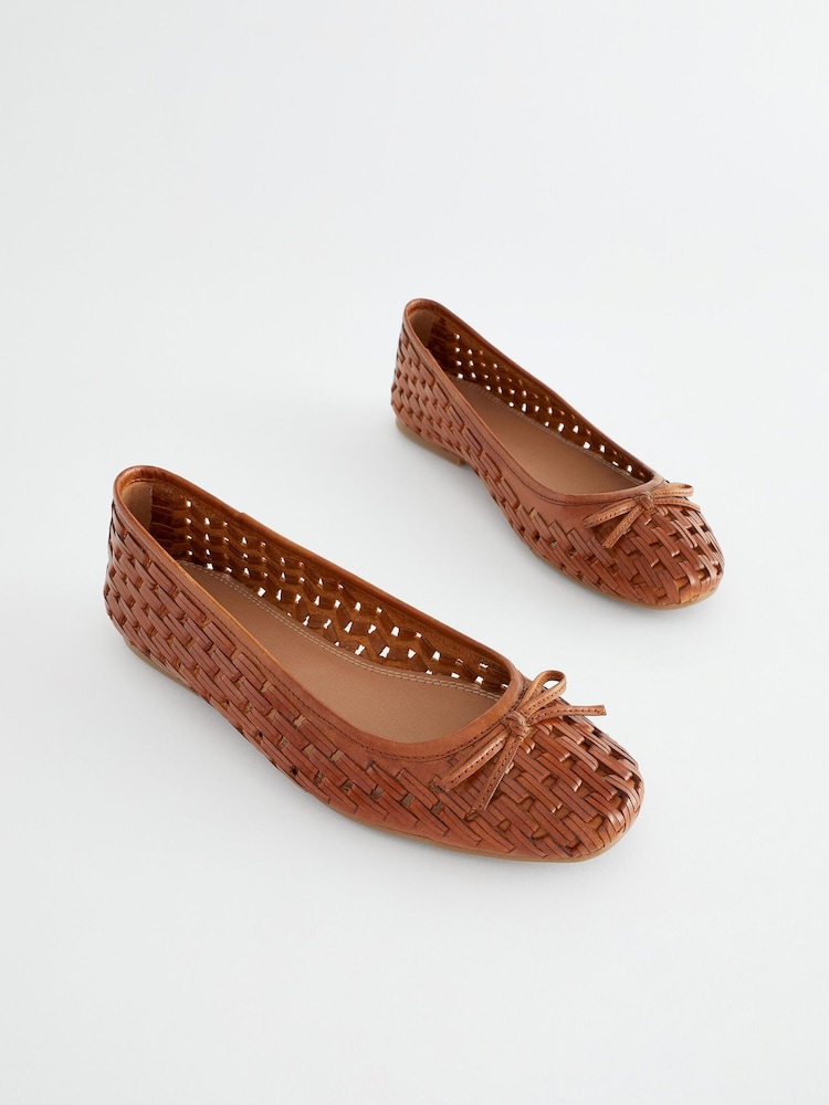 Tan Brown Forever Comfort® Leather Weave Ballerina Shoes - Image 1 of 5