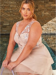 Chi Chi London Pink Plus Size Embroidered V-Neck Mesh Skirt Dip Hem Midi Dress - Image 5 of 5