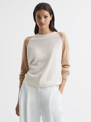 Reiss Ivory/Camel Audrey Colourblock Knitted Jumper - Image 1 of 6