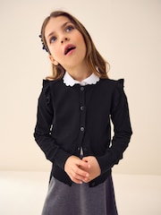 Black Cotton Rich Frill Shoulder School Cardigan (3-16yrs) - Image 1 of 7