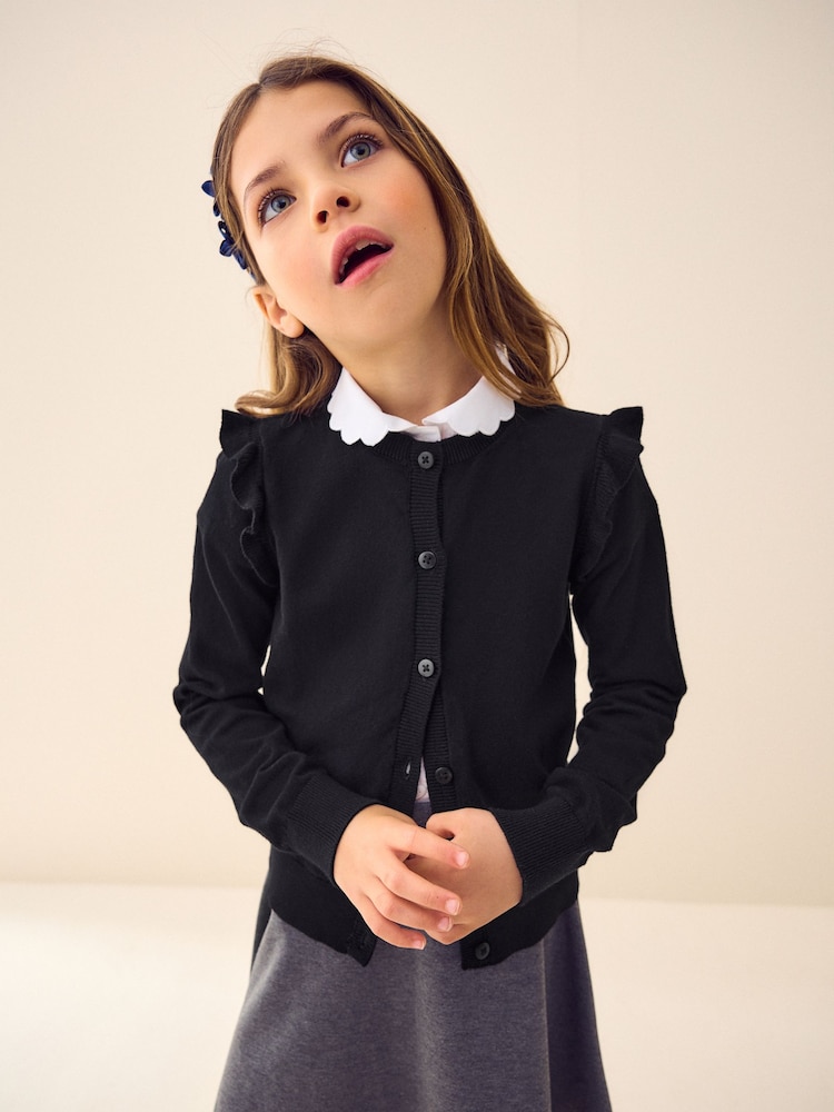 Black Cotton Rich Frill Shoulder School Cardigan (3-16yrs) - Image 1 of 7