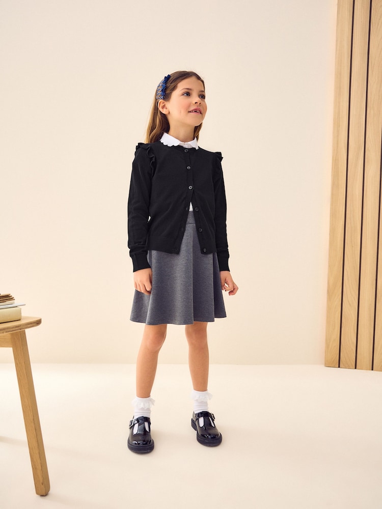 Black Cotton Rich Frill Shoulder School Cardigan (3-16yrs) - Image 2 of 7