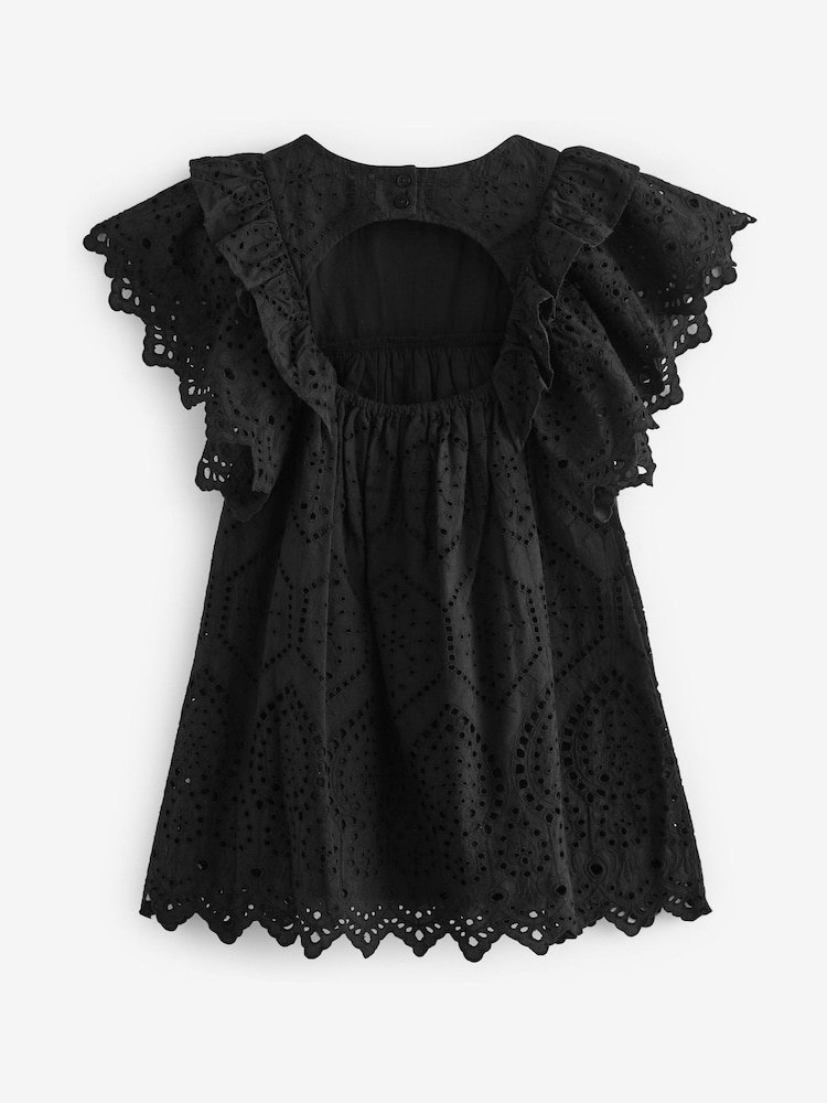 Schwarz - Gerüschtes Kleid aus Baumwolle mit Lochstickereien (3 bis 16 Jahre) - Bild 6 von 6