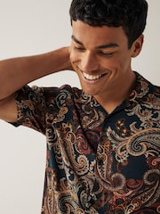 Green/Rust Brown Short Sleeve Printed Shirt With Cuban Collar - Image 1 of 8