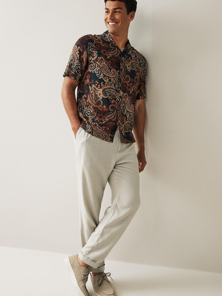 Green/Rust Brown Short Sleeve Printed Shirt With Cuban Collar - Image 2 of 8