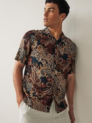 Green/Rust Brown Short Sleeve Printed Shirt With Cuban Collar - Image 4 of 8