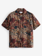 Green/Rust Brown Short Sleeve Printed Shirt With Cuban Collar - Image 5 of 8