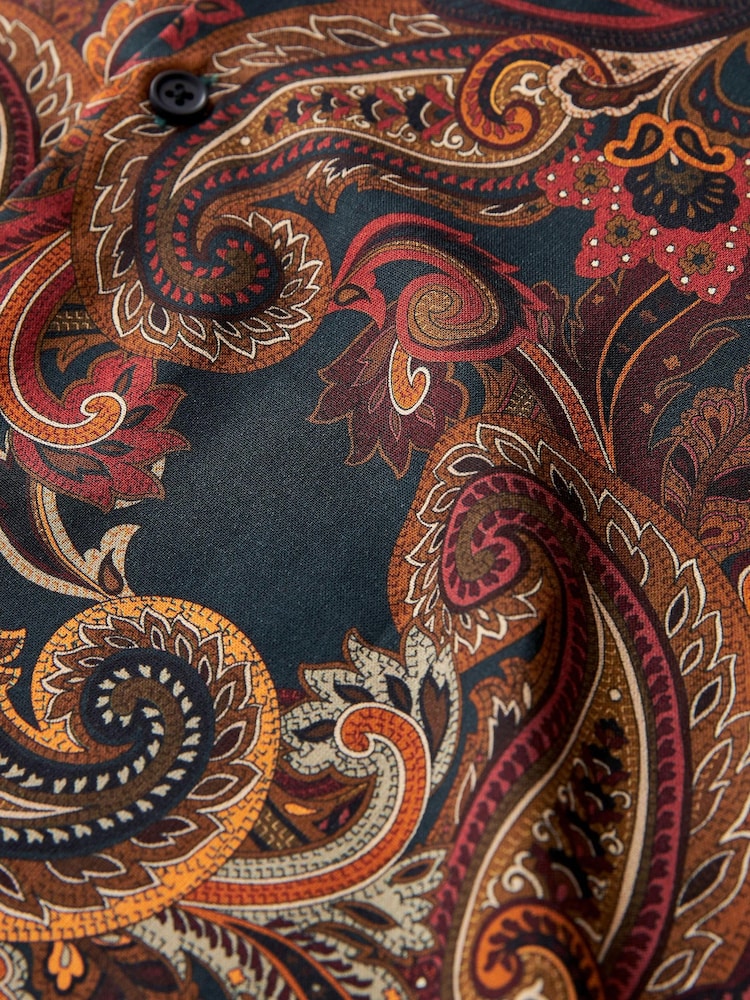 Green/Rust Brown Short Sleeve Printed Shirt With Cuban Collar - Image 8 of 8