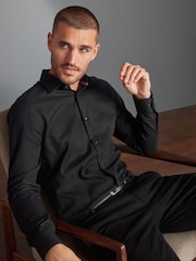 Black Slim Fit Signature Premium 100% Cotton Textured Long Sleeve Single Cuff Shirt - Image 1 of 9