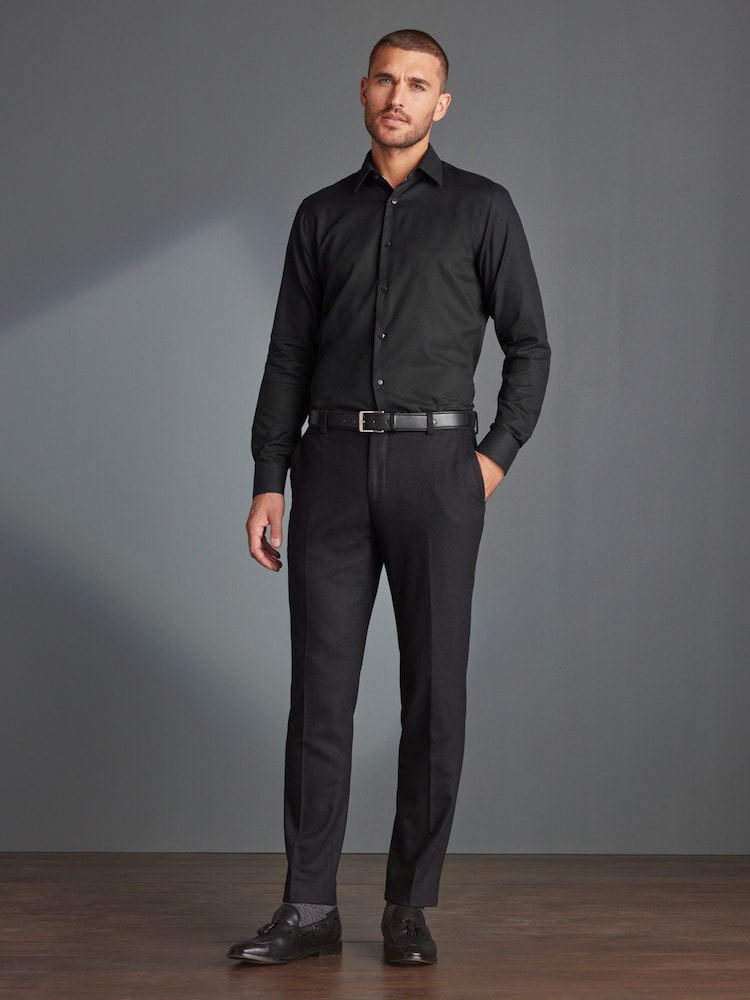 Black Slim Fit Signature Premium 100% Cotton Textured Long Sleeve Single Cuff Shirt - Image 2 of 9