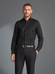 Black Slim Fit Signature Premium 100% Cotton Textured Long Sleeve Single Cuff Shirt - Image 3 of 9