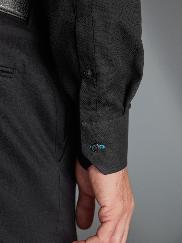 Black Slim Fit Signature Premium 100% Cotton Textured Long Sleeve Single Cuff Shirt - Image 4 of 9