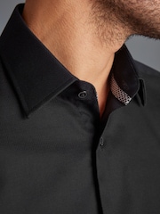 Black Slim Fit Signature Premium 100% Cotton Textured Long Sleeve Single Cuff Shirt - Image 5 of 9