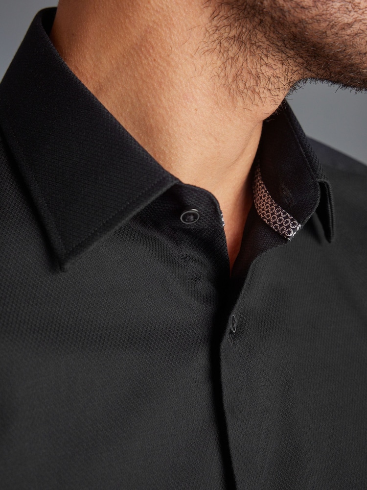 Black Slim Fit Signature Premium 100% Cotton Textured Long Sleeve Single Cuff Shirt - Image 5 of 9