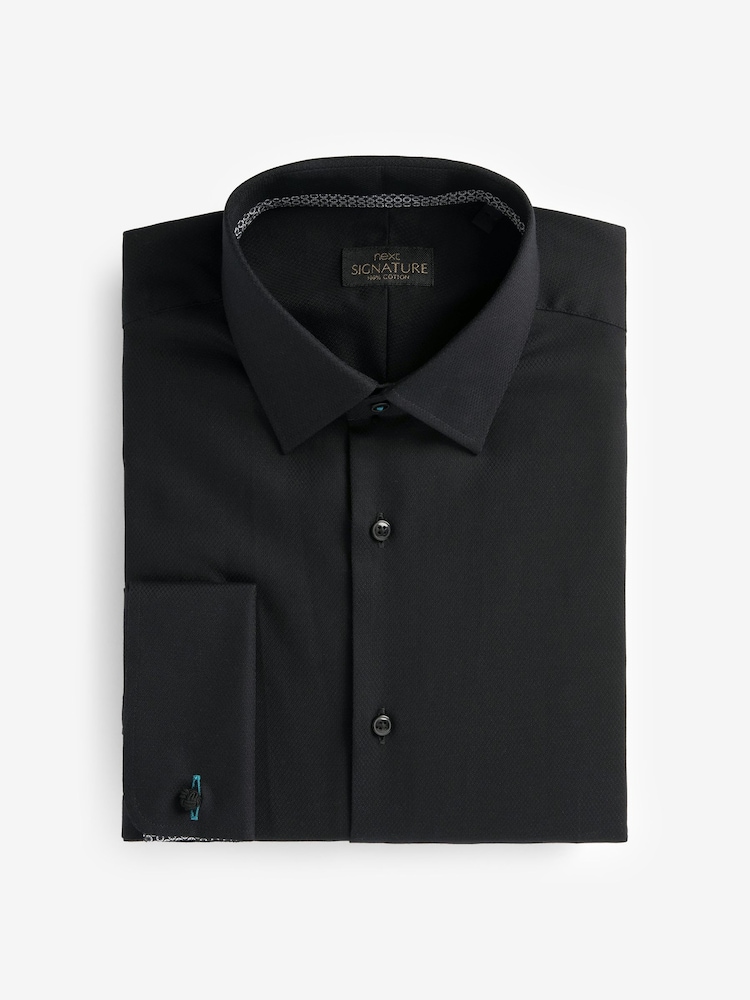 Black Slim Fit Signature Premium 100% Cotton Textured Long Sleeve Single Cuff Shirt - Image 6 of 9