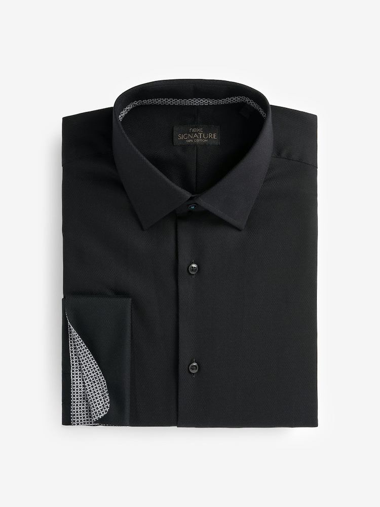 Black Slim Fit Signature Premium 100% Cotton Textured Long Sleeve Single Cuff Shirt - Image 7 of 9
