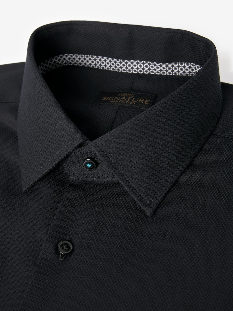 Black Slim Fit Signature Premium 100% Cotton Textured Long Sleeve Single Cuff Shirt - Image 8 of 9