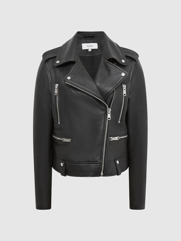 Reiss Black Santiago Leather Biker Jacket - Image 2 of 7