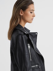 Reiss Black Santiago Leather Biker Jacket - Image 4 of 7