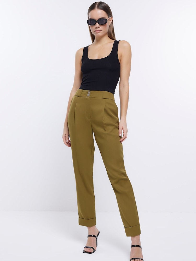 River Island Khaki Straight Leg Smart Trousers - Image 1 of 6