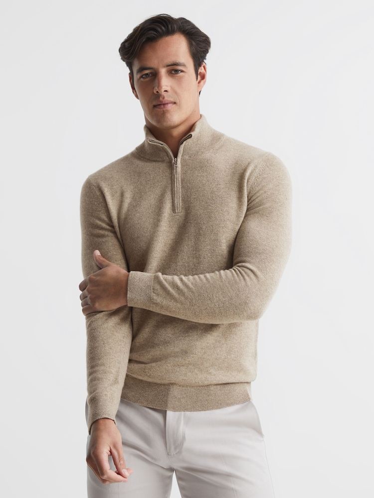 Reiss Grain Royal Cashmere Slim Fit Half Zip Jumper - Image 1 of 7