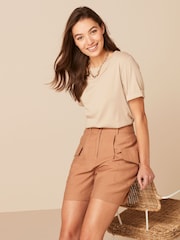 Sand Brown Tailored Utility Detail Shorts - Image 1 of 5
