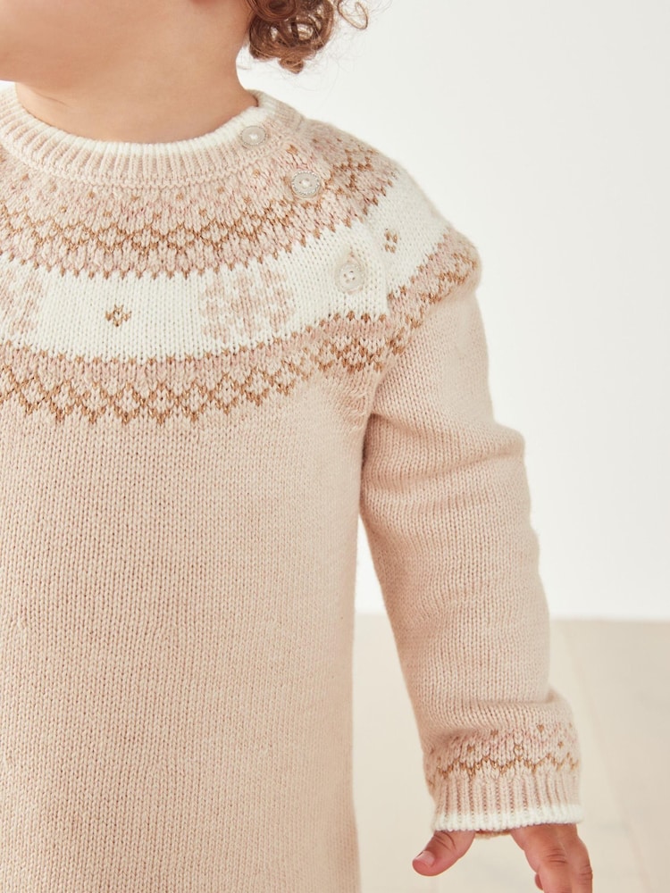 The White Company Neutral Pink Knitted Fairisle Christmas Jumper Dress - Image 2 of 4