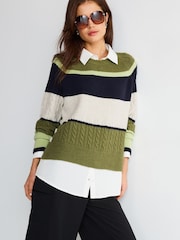 Khaki Green Stripe Gem Button Shirt Layer Jumper - Image 3 of 7