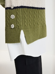 Khaki Green Stripe Gem Button Shirt Layer Jumper - Image 5 of 7