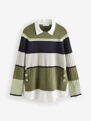Khaki Green Stripe Gem Button Shirt Layer Jumper - Image 6 of 7