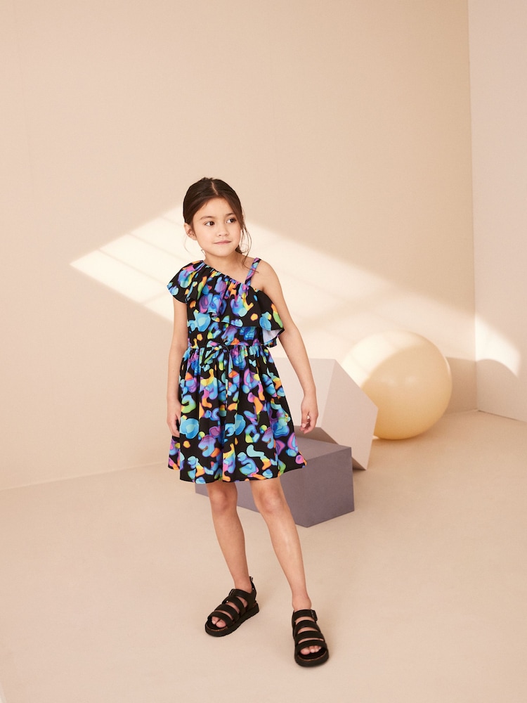 Black Print One Shoulder Dress (3-16yrs) - Image 1 of 6