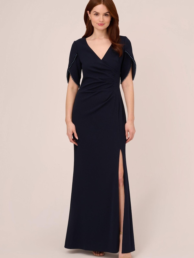 Adrianna Papell Blue Pearl Trim Knit Crepe Gown - Image 1 of 6