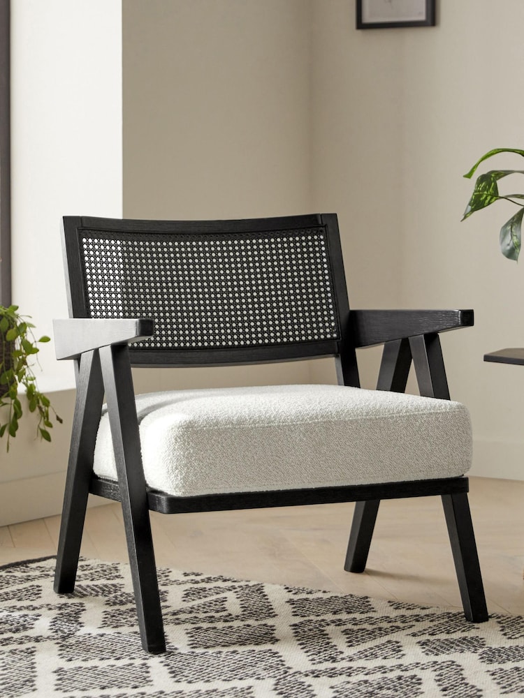 Black Wood, Casual Boucle Oyster Natural Abel Wooden Rattan Accent Chair - Image 1 of 8