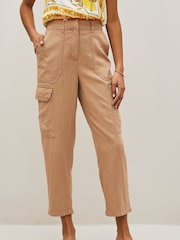 Camel Natural Linen Blend Cargo Taper Trousers - Image 1 of 5