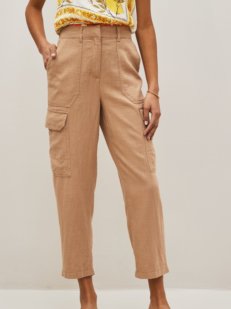 Camel Natural Linen Blend Cargo Taper Trousers - Image 1 of 5